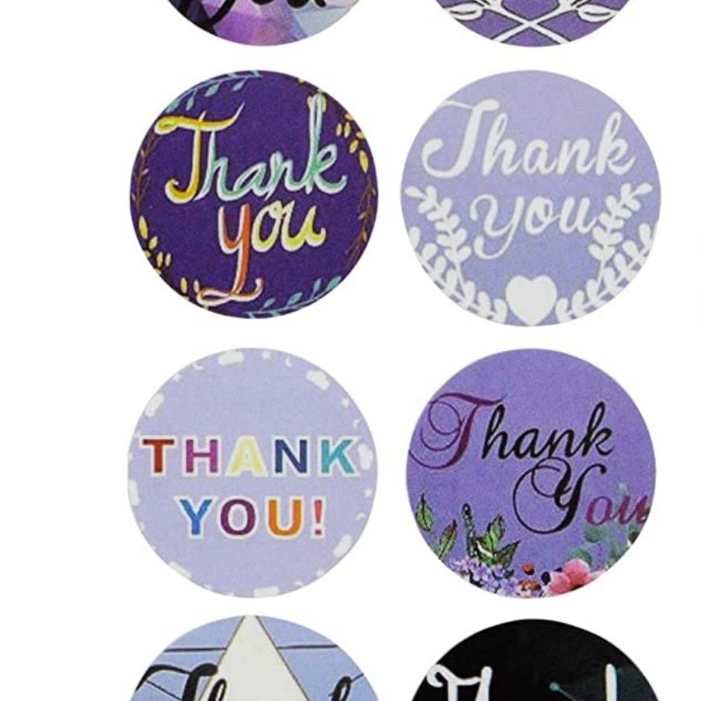 200 THANK YOU Purple Stickers 8 Designs 1"